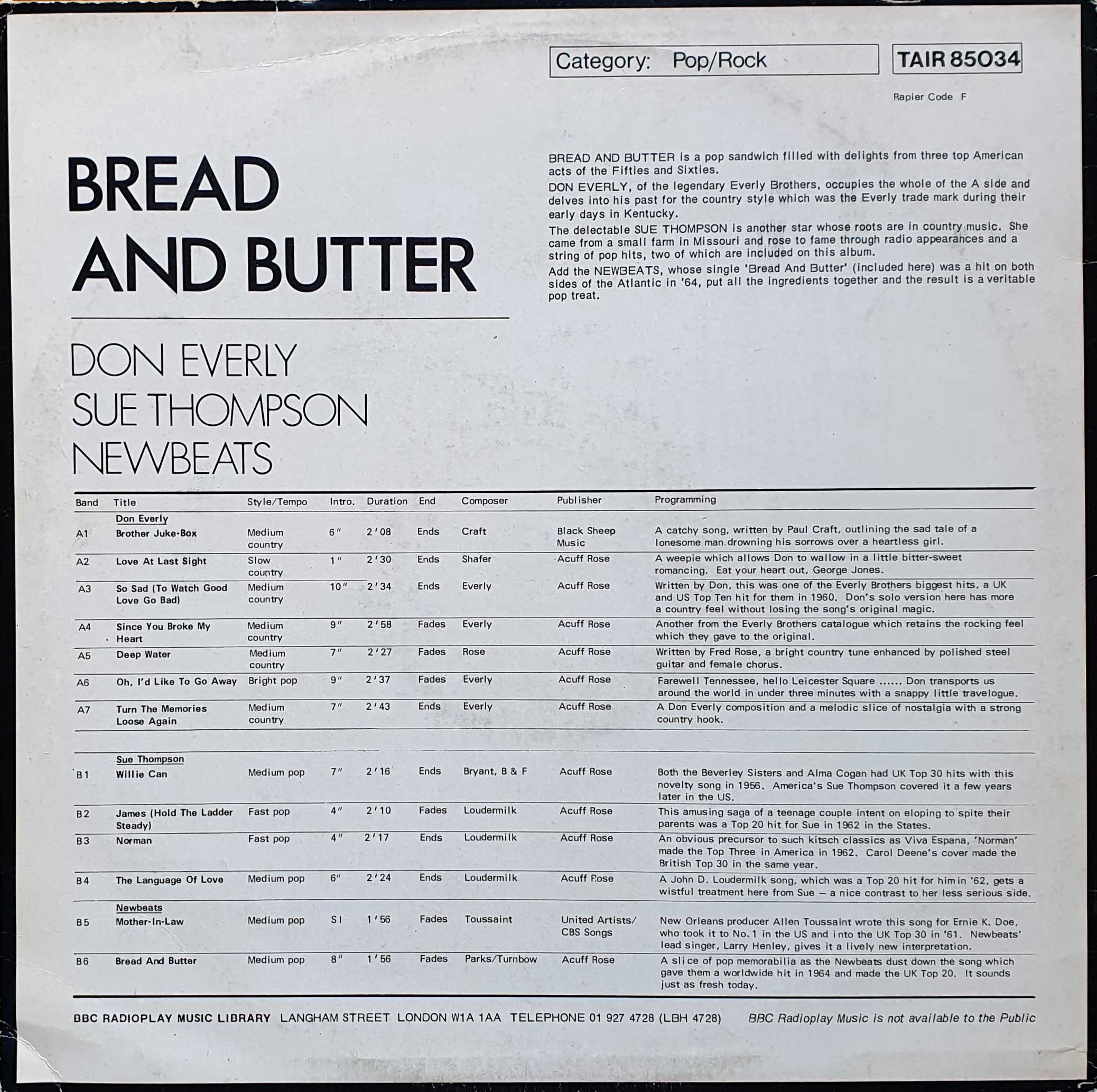 Picture of TAIR 85034 Bread and butter by artist Don Everly / Sue Thompson from the BBC records and Tapes library